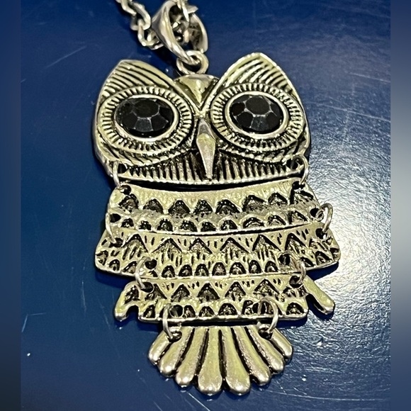 Articulated Owl Bird Pendant Necklace Black Eyes Silver 31” Vintage 80s 90s - Picture 2 of 5